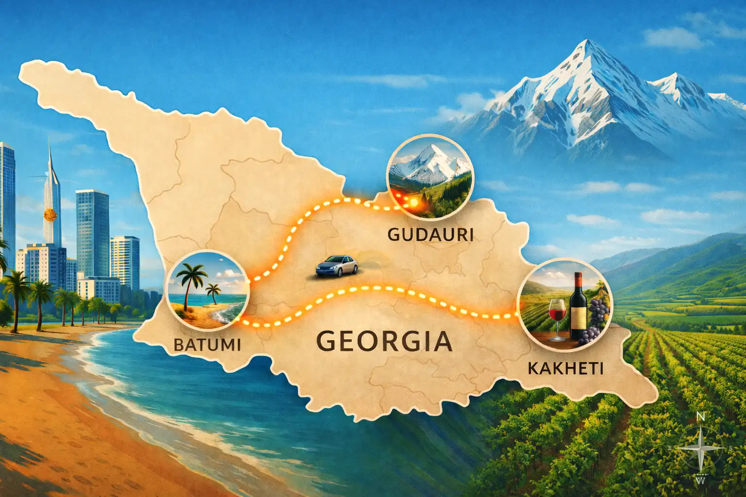 Zomerse avond aan de boulevard met zee, palmbomen en bergen op de achtergrond in Georgië