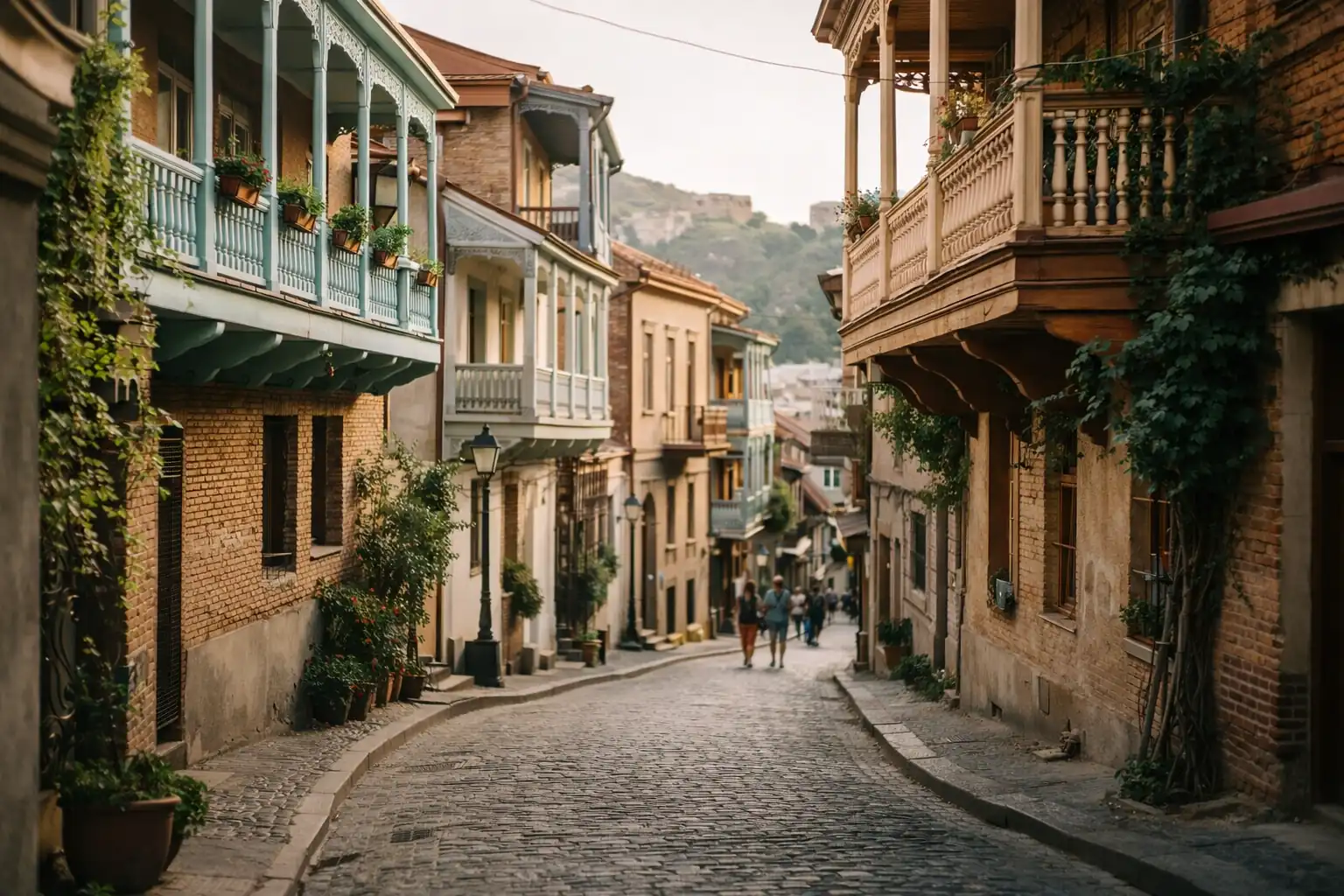 Straat in Tbilisi bij zonsondergang