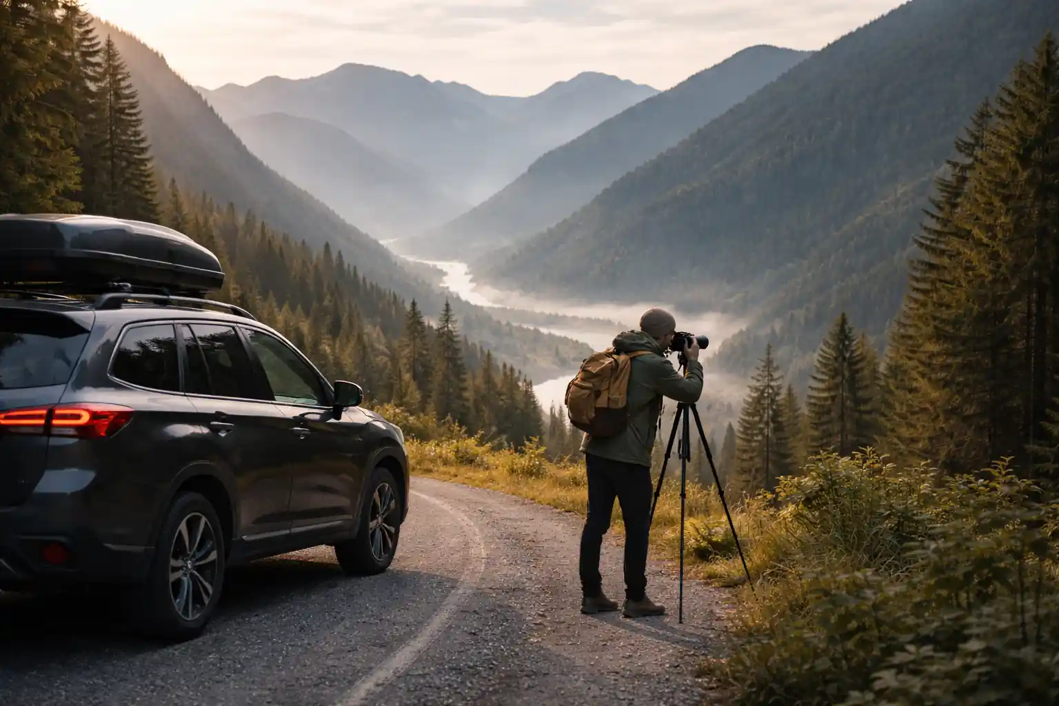 Fotograaf in berglandschap Georgië — werken vanuit het licht