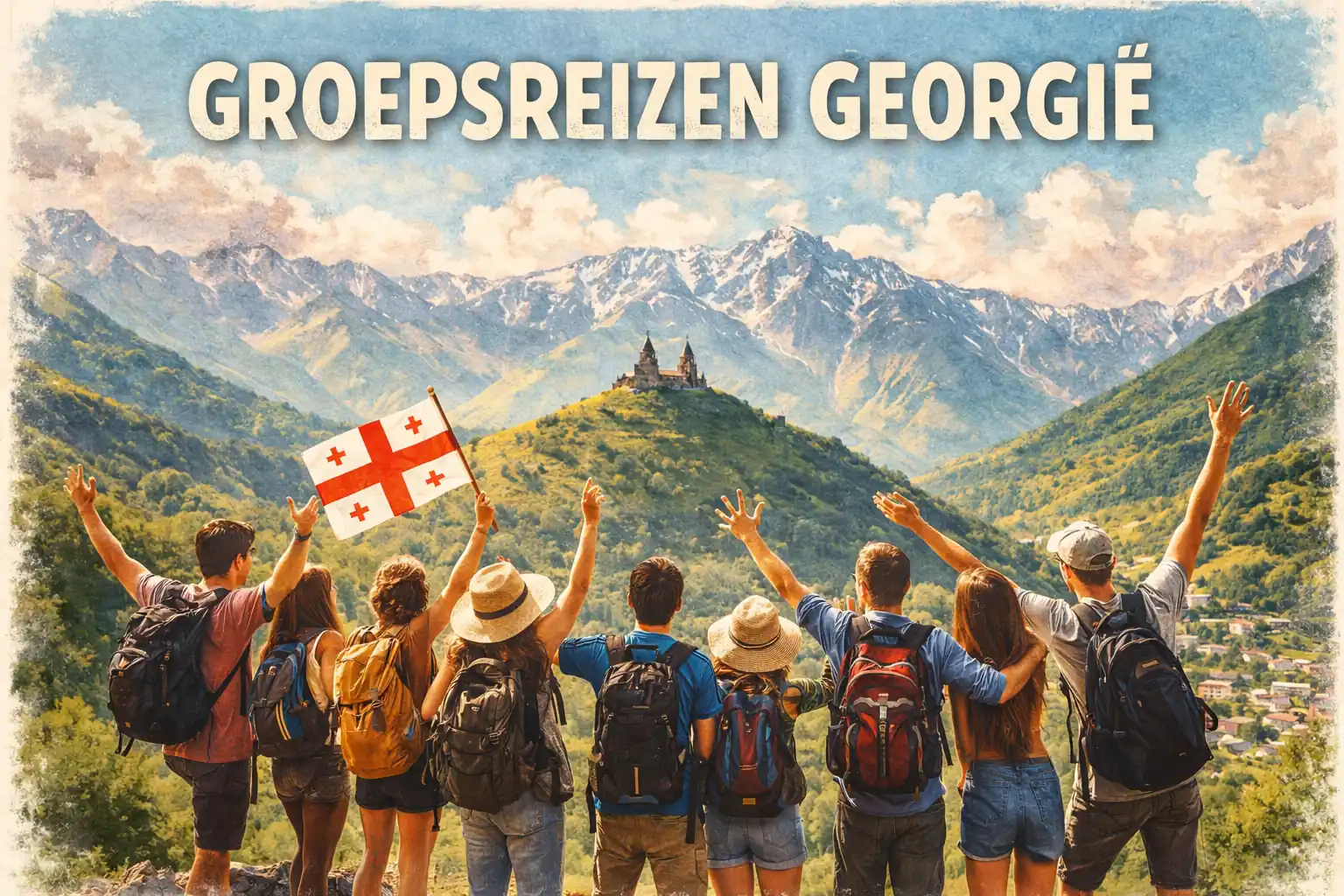 Kleine groep wandelt in een Georgisch berglandschap