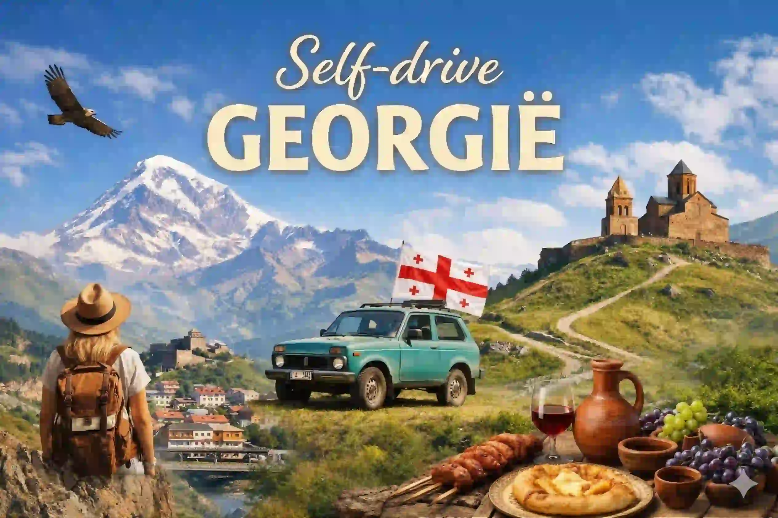 Huurauto op een bergweg met uitzicht