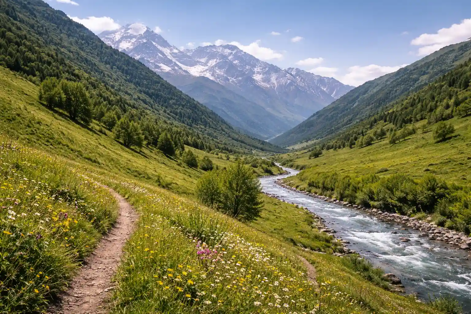 Alpiene weide met bloemen en bergkam in de Georgische Kaukasus