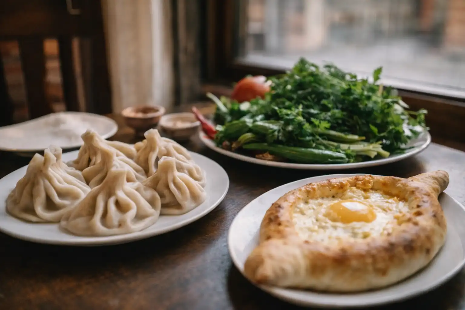 Georgische gerechten op tafel: khinkali en khachapuri