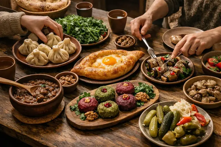 Een Georgische maaltijd op een houten tafel
