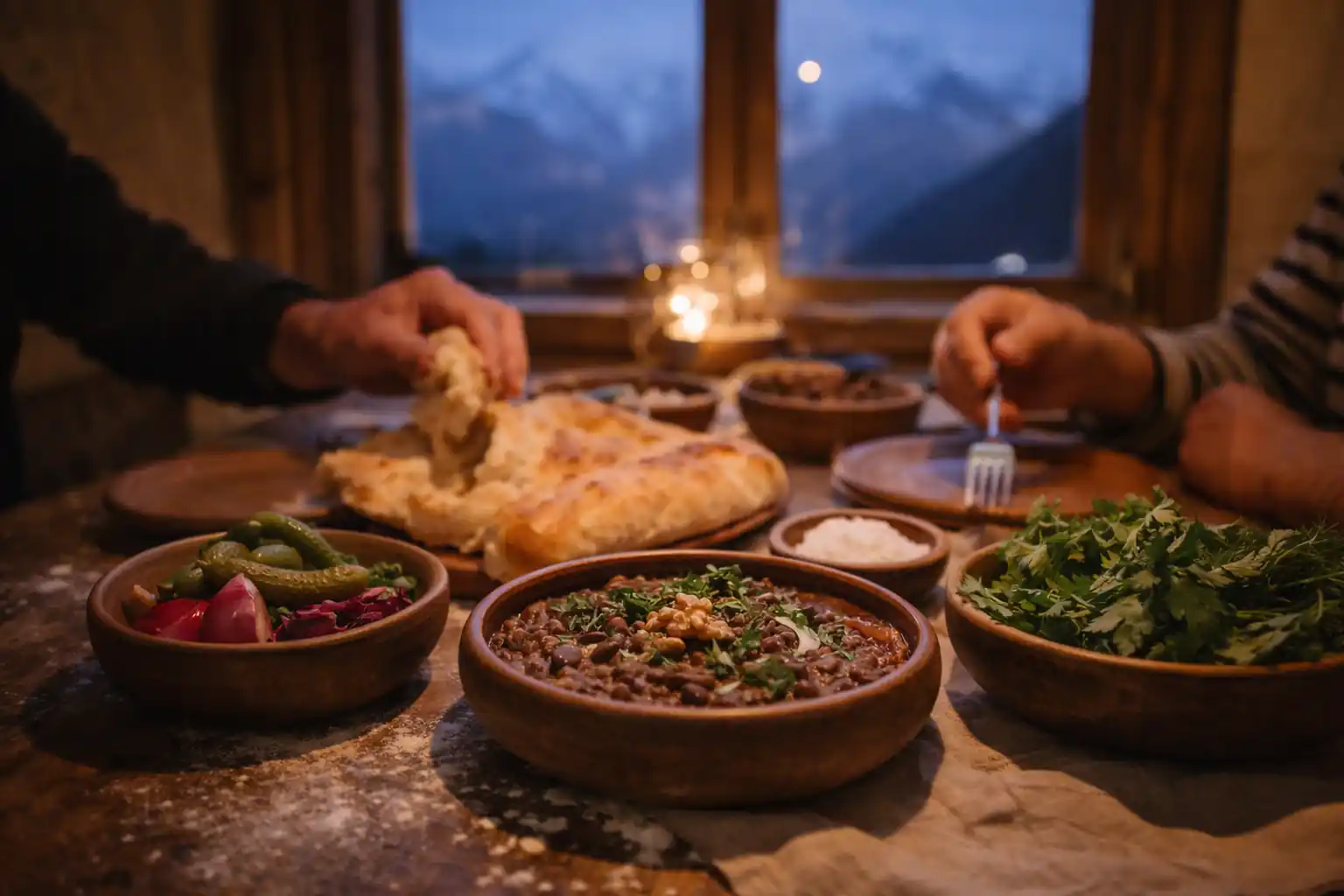 Twee mensen breken brood aan een houten tafel met lobio, kruiden en ingemaakte groenten, met besneeuwde bergen achter het raam