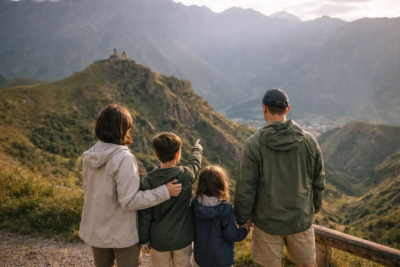 Gezin met uitzicht op de bergen bij Kazbegi