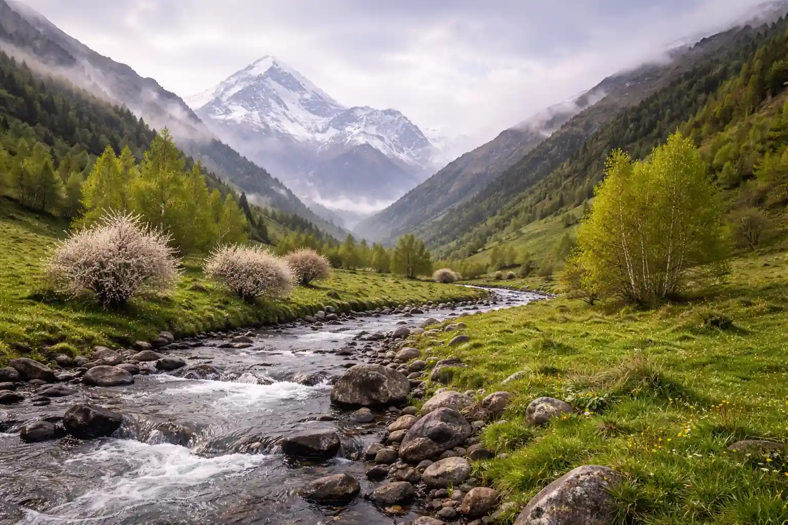 Groene vallei met bloei in de lente bij Kazbegi