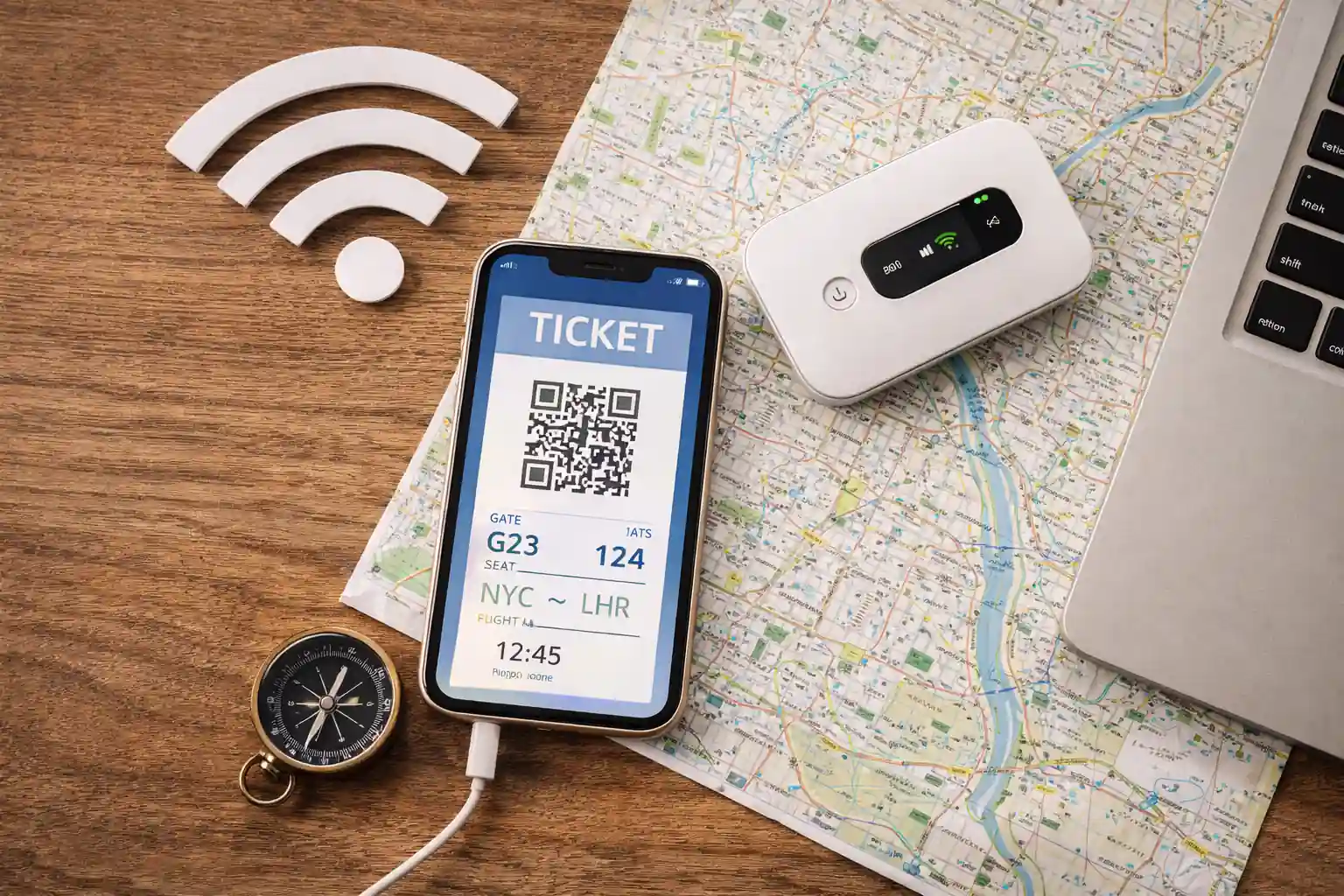 Telefoon met een instapkaart naast een mobiele wifi-router, een stadsplattegrond, kompas en laptop op een houten tafel
