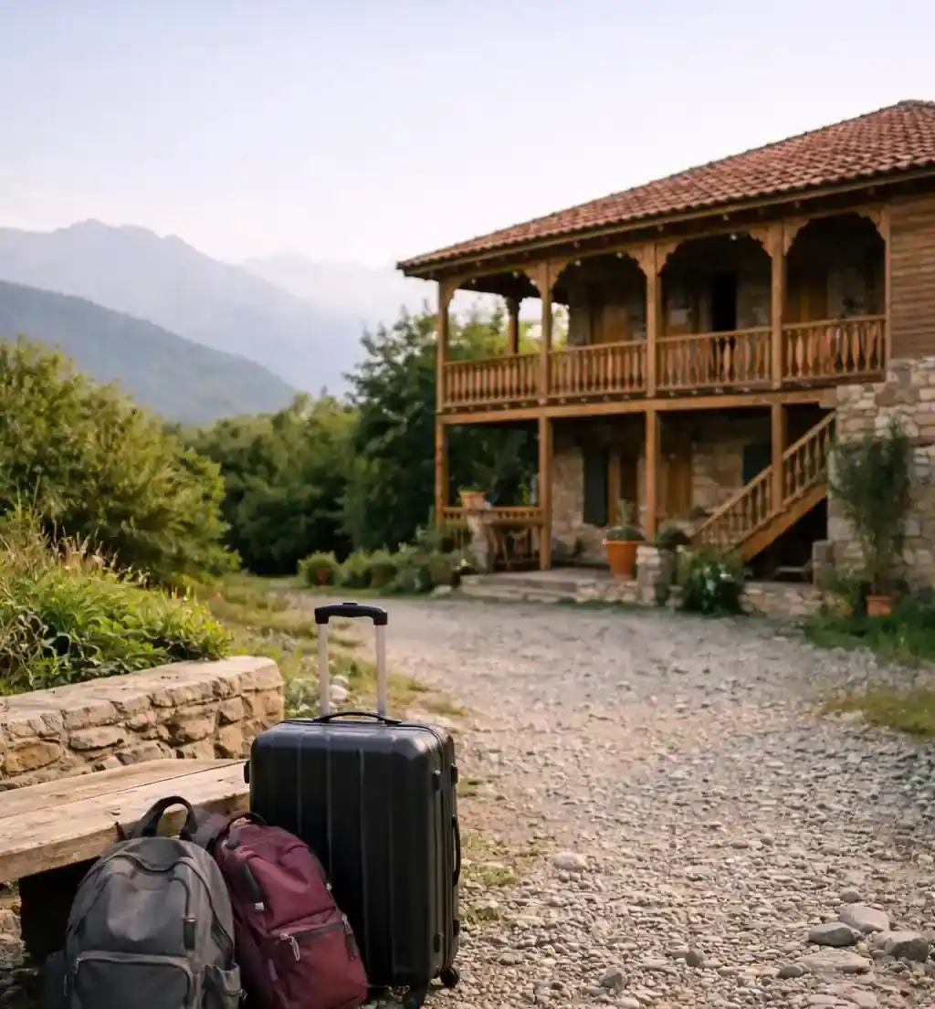 Eenvoudig gastenverblijf met houten veranda in de Georgische bergen