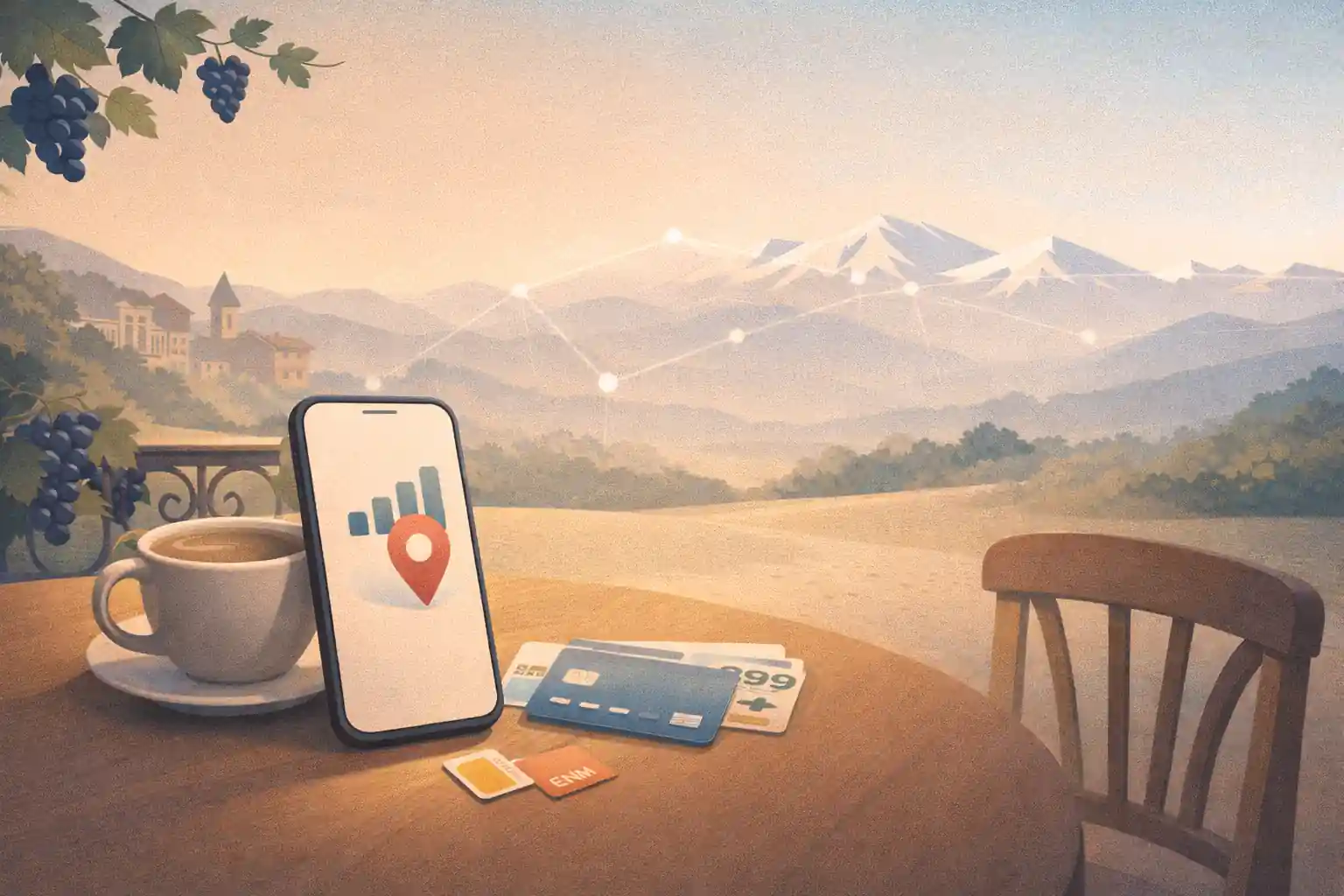 Illustratie van een telefoon met volle signaalbalkjes, simkaarten en een eSIM-kaartje op een cafétafel, met de Kaukasus op de achtergrond