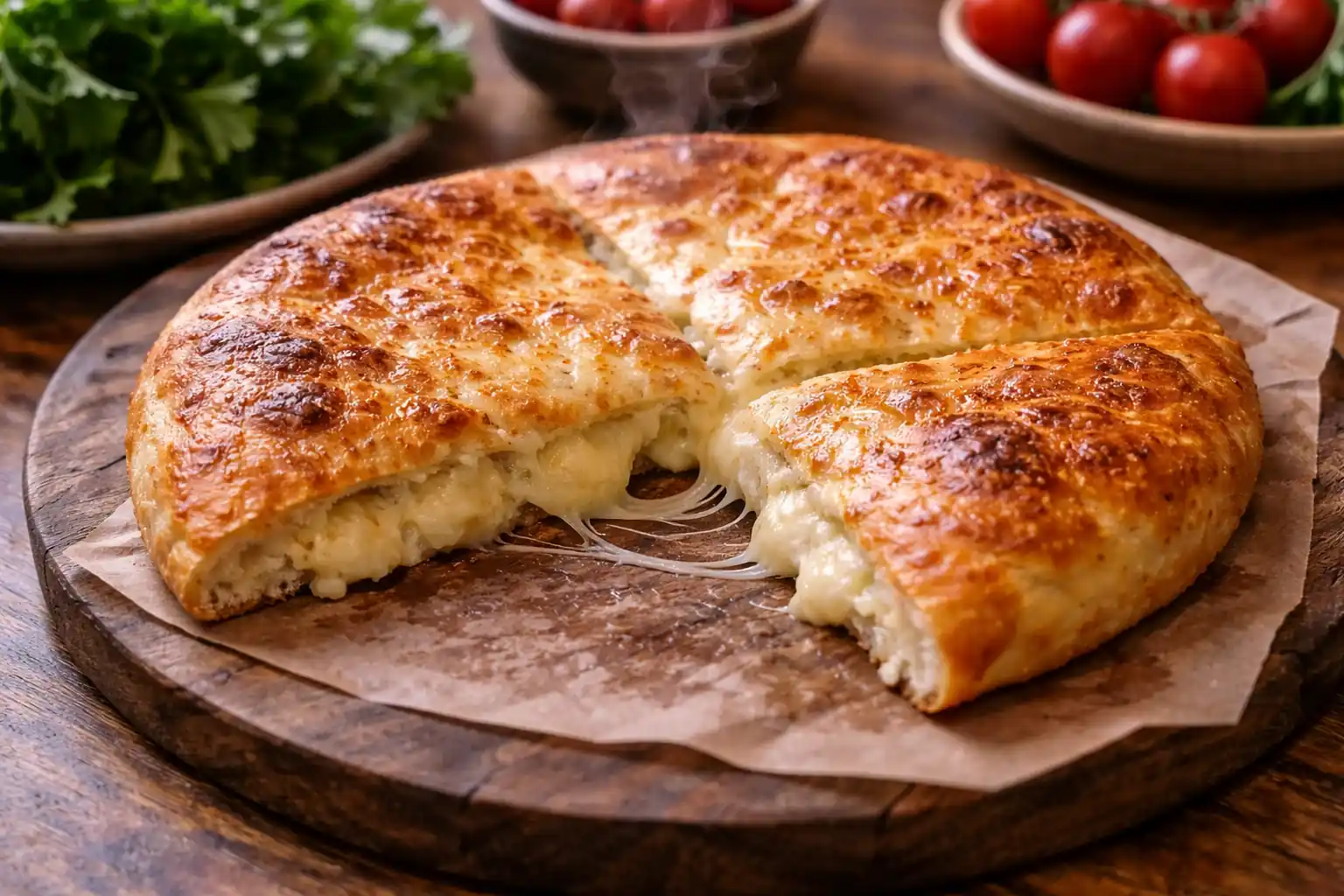 Versgebakken Imeruli khachapuri, rond kaasbrood uit Georgië