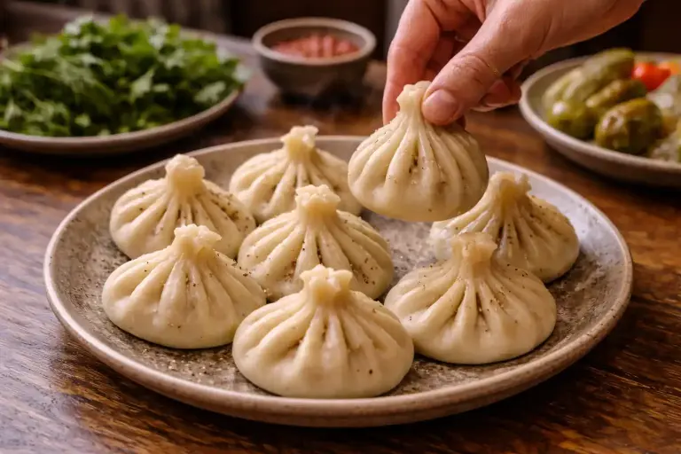 Khinkali, deegbuidels met vlees en bouillon
