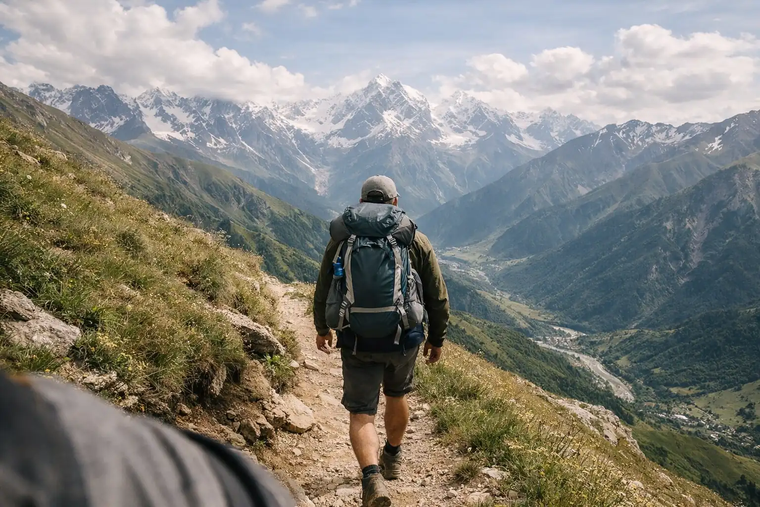 Wandelaar op een bergpad met de besneeuwde Kaukasus op de achtergrond, Georgië