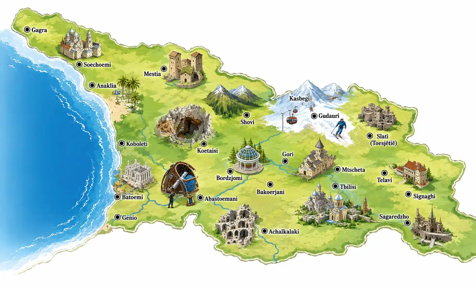Kaart van Georgië met de hoofdroute en de bestemmingen Tbilisi, Mtskheta, Koetaisi, Kazbegi, Svanetië, Toesjeti, Gudauri, Bakoerjani, Batoemi, Koboeleti, Bordzjomi, Vardzia en Gomi Mountain