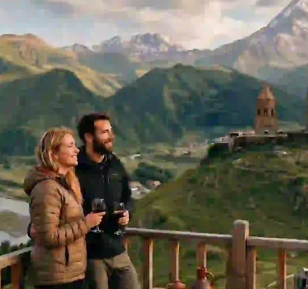 Stel met uitzicht op de Gergeti Trinity-kerk en de Kazbek bij Stepantsminda